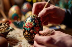 AI generated man hand decorating two eggs with colorful designs photo