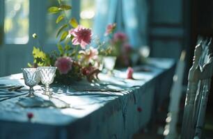 ai generado un azul mesa paño con blanco sillas y rosado flores foto