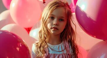 ai generado pequeño niña posando con globos foto