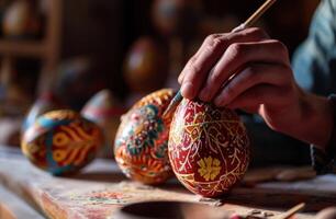 AI generated man hand decorating two eggs with colorful designs photo