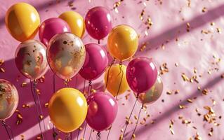 AI generated a birthday card with pink and yellow balloons on a pink background, photo