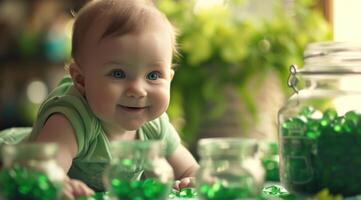 AI generated a baby sitting in front of emeralds and pails on st patricks day photo
