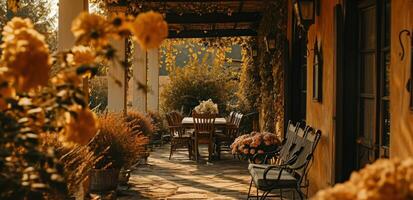 ai generado un hermosa al aire libre comida zona con comida sillas mesa y flores foto