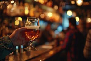 ai generado un barman sostiene arriba un vaso de cerveza en frente de un bar foto