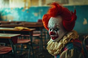 AI generated a clown in a classroom, in the style of cinematic montages photo