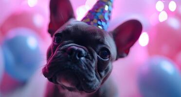 AI generated a little french bulldog wearing a birthday hat photo