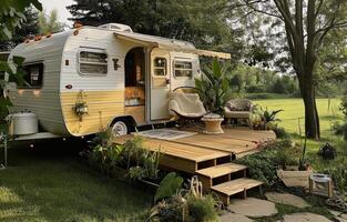 AI generated a small white rv has a wooden deck overlooking the lawn photo