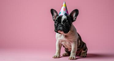 ai generado un pequeño francés buldog vistiendo un cumpleaños sombrero foto