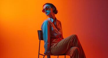 AI generated a tall, skinny woman wearing orange pants and sunglasses sits on a chair. photo