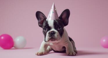 ai generado un pequeño francés buldog vistiendo un cumpleaños sombrero foto