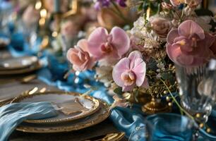 AI generated a table setup with pink and blue flowers photo