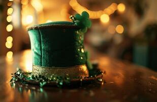 ai generado un verde Santo patrick's día sombrero es sentado en un mesa foto