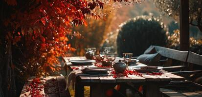 ai generado un mesa conjunto debajo rojo hojas en el jardín foto