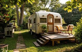 AI generated a small white rv has a wooden deck overlooking the lawn photo