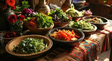 AI generated a table has several salads arranged on it photo