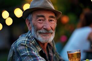 ai generado un mayor hombre en un junto a la piscina patio interior parilla al aire libre fiesta. foto