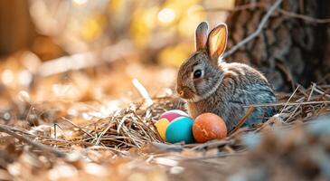 AI generated a little rabbit is sitting in a nest with colored eggs photo