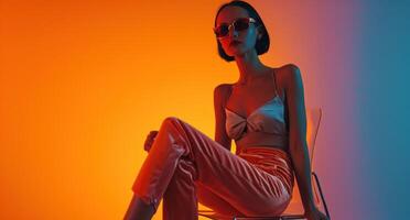 AI generated a tall, skinny woman wearing orange pants and sunglasses sits on a chair. photo