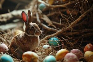 AI generated a rabbit is sitting with colored eggs by it on grass photo