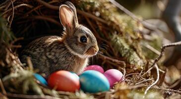 ai generado un pequeño Conejo es sentado en un nido con de colores huevos foto