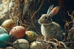 ai generado un Conejo es sentado con de colores huevos por eso en césped foto