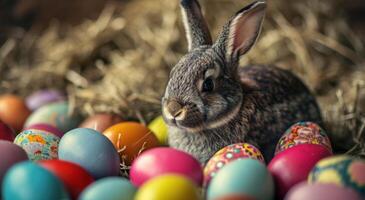 AI generated a rabbit is sitting with colored eggs by it on grass photo