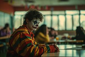 AI generated a guy in clown makeup sits at a table of students photo