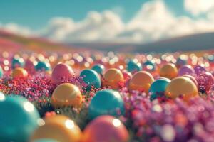 ai generado un campo de brillante Pascua de Resurrección huevos ese mira me gusta un campo de vistoso pelotas foto
