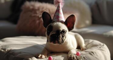 ai generado un pequeño francés buldog vistiendo un cumpleaños sombrero foto