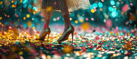 AI generated a woman wears heels and gold shoes and is standing in front of a colorful background of confetti photo