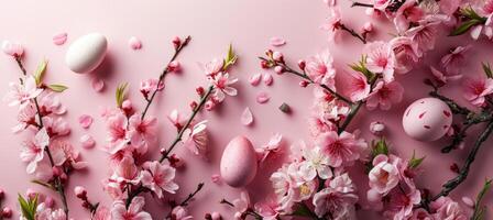ai generado un rosado frontera cubierto con rosado flores y huevos foto