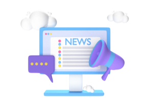 3d illustration of latest news with 3d monitor and speakers. 3d icon for news website. news portal or broadcasting element png