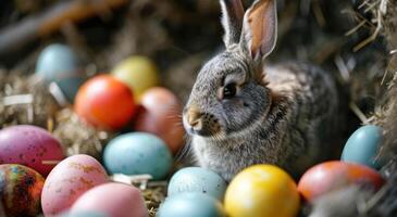 ai generado un Conejo es sentado con de colores huevos por eso en césped foto