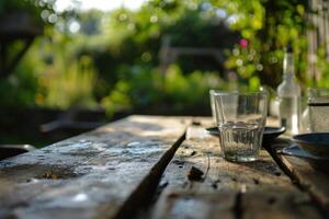 AI generated an empty garden table with dinnerware on it photo