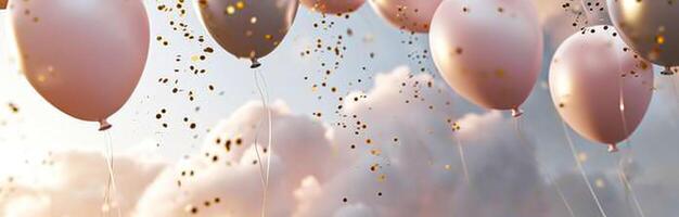 AI generated balloons and gold confetti falling from the clouds photo