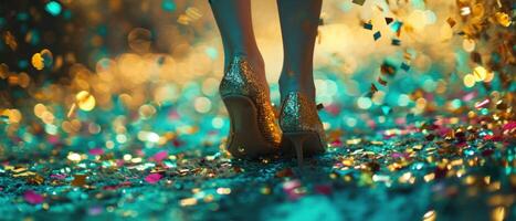 AI generated a woman wears heels and gold shoes and is standing in front of a colorful background of confetti photo