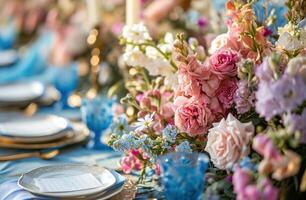 ai generado un mesa preparar con rosado y azul flores foto