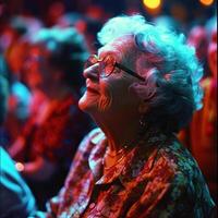 AI generated fun, positive elderly at a disco. photo