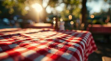 ai generado un al aire libre comida mesa con un rojo y blanco a cuadros Manteles foto