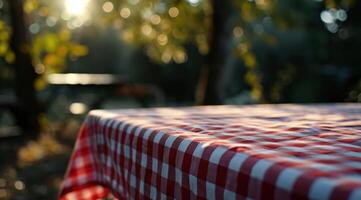 ai generado un Manteles con un rojo y blanco a cuadros modelo es sentado en un mesa al aire libre foto