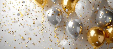 AI generated celebratory balloons on white background with white confetti photo