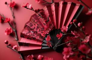 ai generado un origami papel ventilador en rojo con rosado flores foto