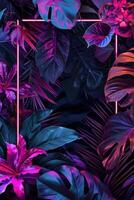 AI generated bright neon frame with tropical plants, leaves and flowers photo