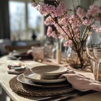 AI generated an elegant spring style setting for the dining table photo