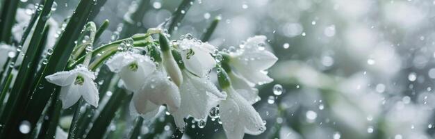 AI generated a white background covered with water drops and snowdrops photo