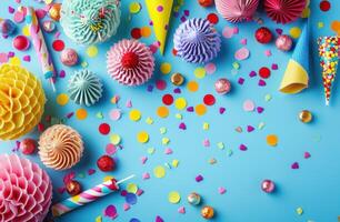 AI generated bright colorful birthday decorations on a blue background photo