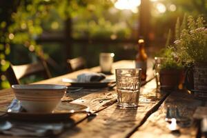 AI generated an empty garden table with dinnerware on it photo