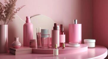 ai generado un variedad de belleza productos en un rosado estar en un mesa foto