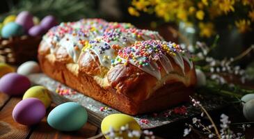 AI generated an easter bread is decorated with eggs and colored frosting. photo
