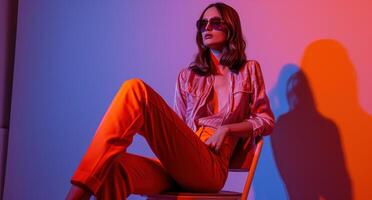 AI generated a tall, skinny woman wearing orange pants and sunglasses sits on a chair. photo